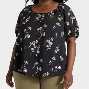 Women's Puff Elbow Sleeve Button-Front Top - Ava & Viv™ Black Floral